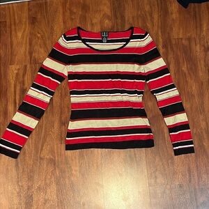 size small INC international concepts red tan and black stripe long sleeve top